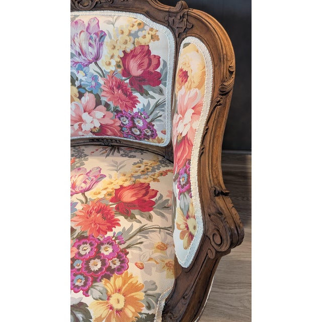 Louis XV Style Antique French Begere Featuring Vintage Floral Twill Upholstery Fabric For Sale - Image 4 of 12