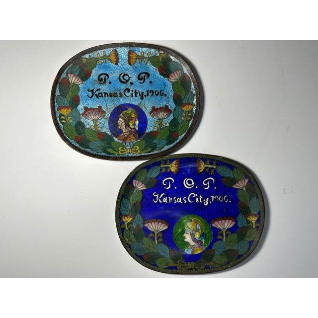 Pair of Antique Cloisonne "Priests of Pallas" Souvenir Trays for your consideration. Each tray measures approx. 5 1/2...