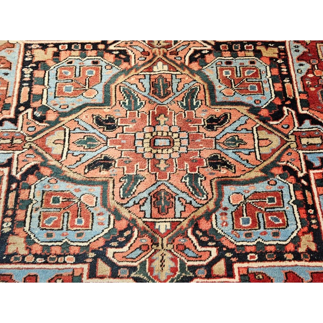 Vintage Persian Heriz Serapi Rug, Hand-Knotted Wool, Geometric Medallion Pattern, Brick-Red & Blue, 9x12 For Sale - Image 13 of 15
