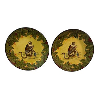 Vintage Palm Beach Regency Hand Painted Monkey Decorative Plates Decor - A Pair For Sale