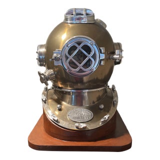 Vintage Deep Sea Divers Diving Helmet Copper and Steel Mounted on Custom Wood Base For Sale