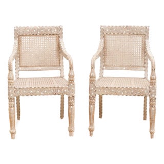 Set of 2, British Colonial Inlaid & Cane Armchairs For Sale