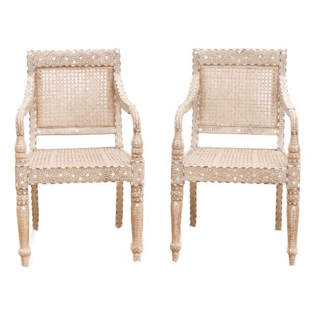 Set of 2, British Colonial Inlaid & Cane Armchairs For Sale