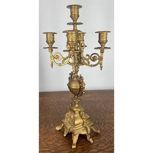 Vintage Rococo Style Ornate Brass Mantel Clock and Candelabras, Set of 3 For Sale - Image 17 of 18