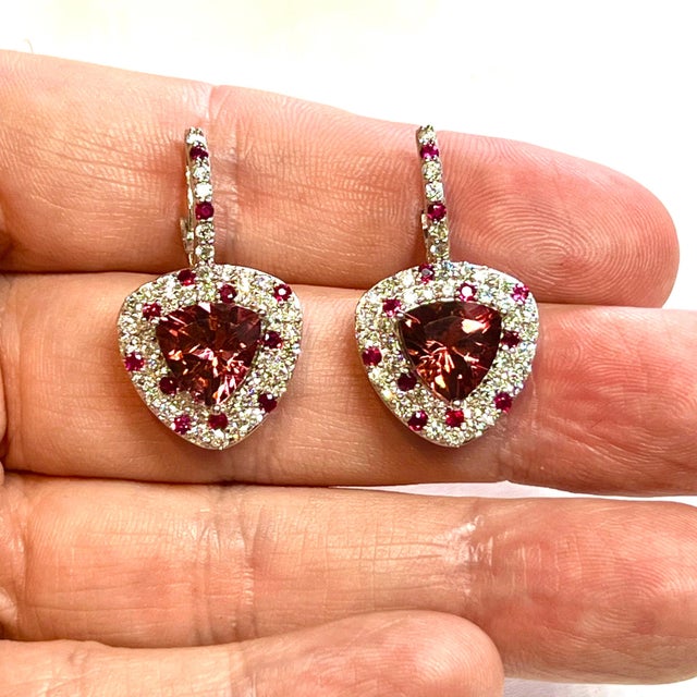 Traditional Natural Tourmaline Ruby Diamond Dangle Earrings 14k WG 10.53 TCW Certified For Sale - Image 3 of 18
