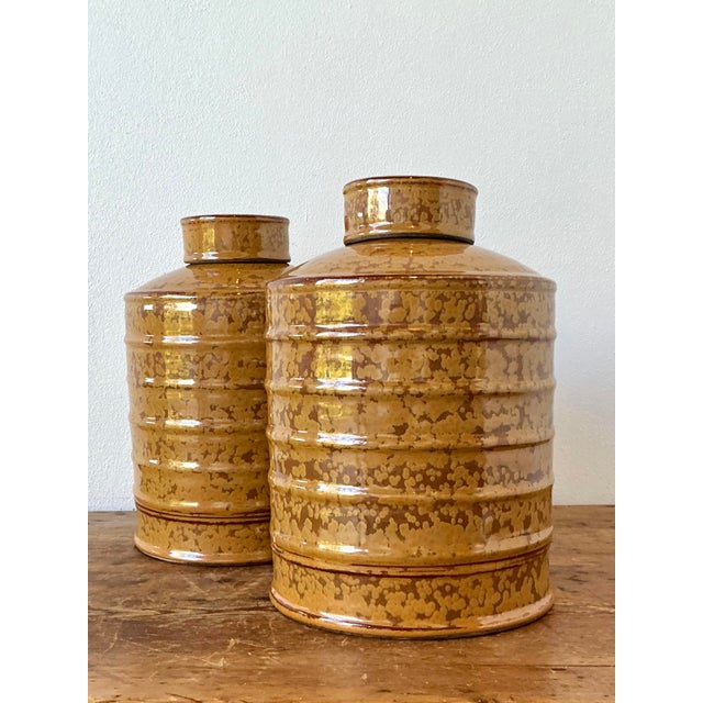 Vintage Glazed Ceramic Ribbed Lidded Urns - A Pair For Sale - Image 4 of 12