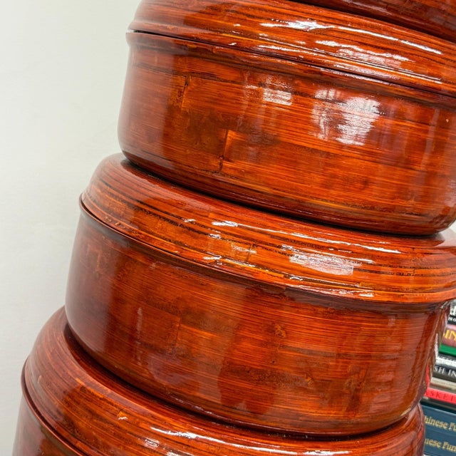 Mid 20th Century Nested Red Brown Wooden Storage Bowls with Lids - Set of 5 For Sale - Image 5 of 10