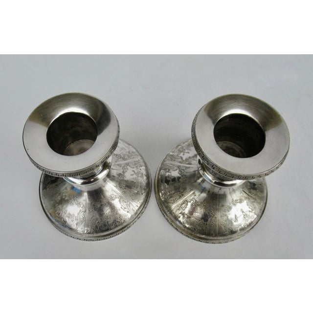 Vintage Victorian Era Heritage Sterling Co. Silver Plate Greek Key Repousse' Candle Holders -Pair For Sale - Image 12 of 12