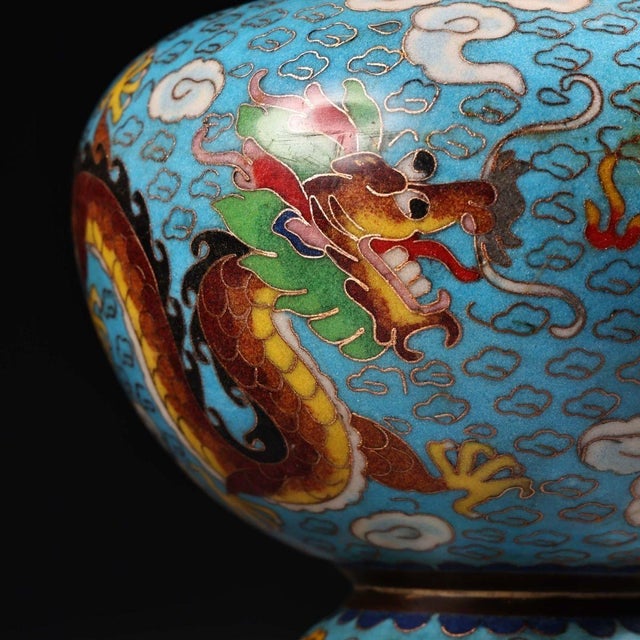 Metal Pair of Cloisonne Enamel Vases – 11.8" Dragon & Phoenix Baluster Form With Qianlong Mark For Sale - Image 7 of 9
