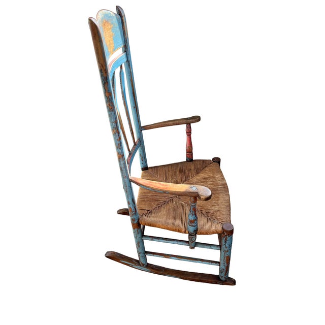 American Painted Blue and Red Primitive Ladder Back Rocking Chair, in Original Paint Colors, 19th Century For Sale - Image 3 of 4