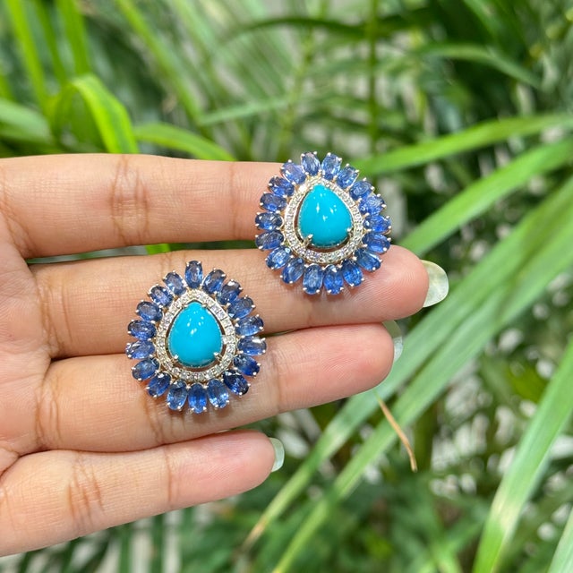 Contemporary Art Deco 17ct Turquoise & Blue Sapphire Statement Earrings With Diamonds in 14k Gold- A Pair For Sale - Image 3 of 17
