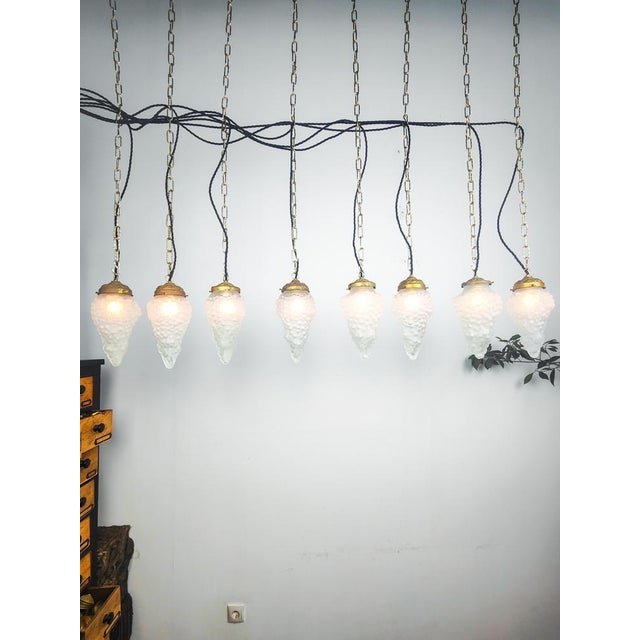 Beautiful French etched bundle of grapes pendant lights. The lights have 2 different types of galleries, 3 lights have a...