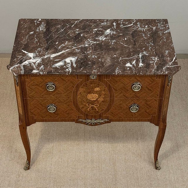 Antique French Louis XVI Style Marquetry Marble Top Commode For Sale - Image 16 of 18