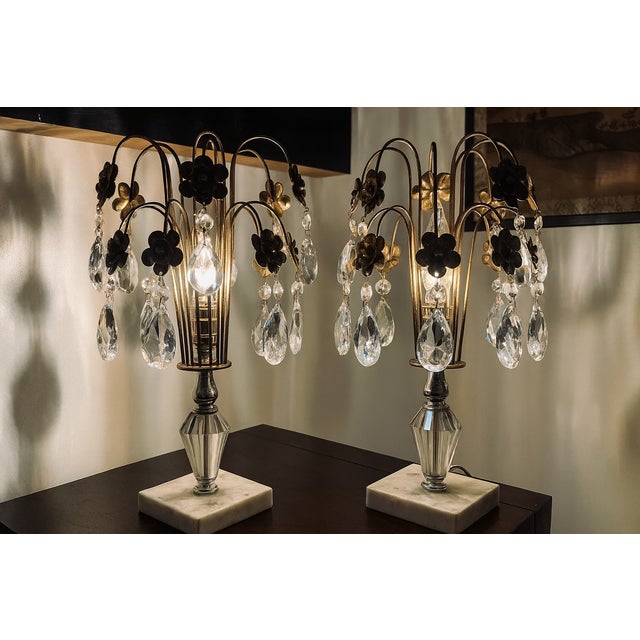 Exceptional pair of vintage Hollywood Regency table lamps in an Italianate waterfall design, featuring cascading original...