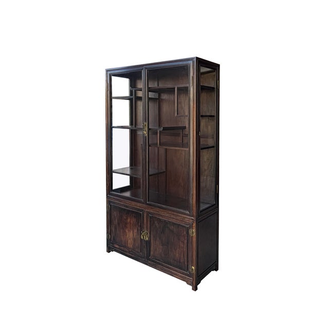 Traditional Vintage Dark Brown Oriental Treasure Glass Doors Display Curio Stack Cabinet For Sale - Image 3 of 12
