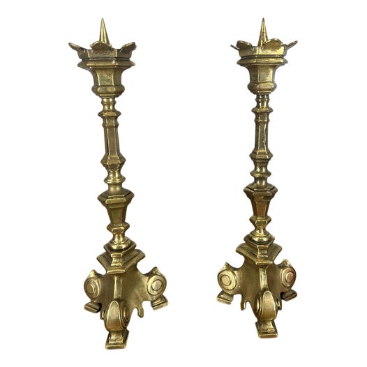 Vintage French Decorative Brass Candleholders, Set of 2 For Sale