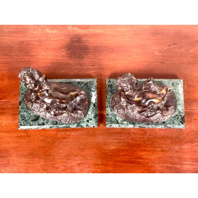 Pair of Vintage Bronze Belle Époque Style Bacchic Putti Bookends on Verde Marble, in the Manner of Auguste Moreau For Sale - Image 9 of 12