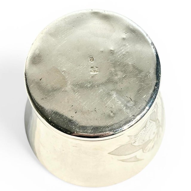 Antique French Art Deco Silver Plate Small Cup or Matchstick Holder With Engraved Songbirds For Sale - Image 6 of 7
