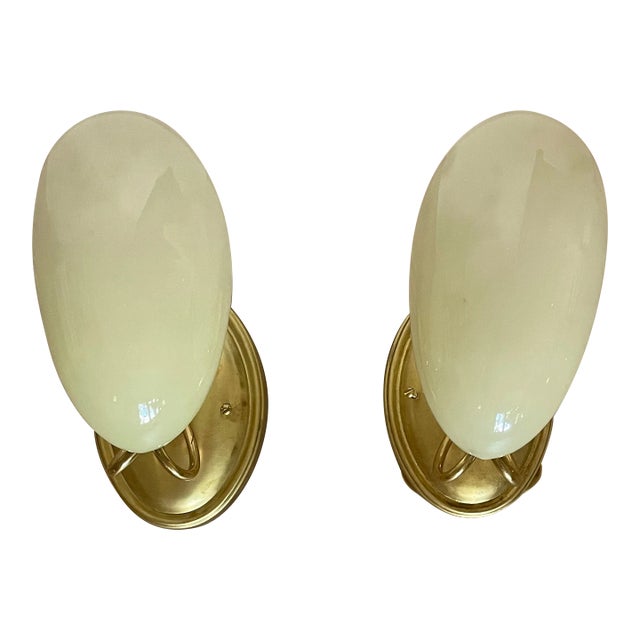 Pair of Mid 20th Century Italian Opaline Glass and Brass Sconces For Sale