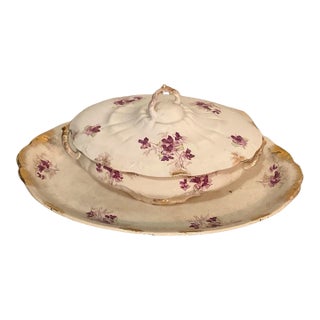 Vintage Covered Serving Dish and Platter With Purple Violets. Crazed, Stained, Chipped. For Sale