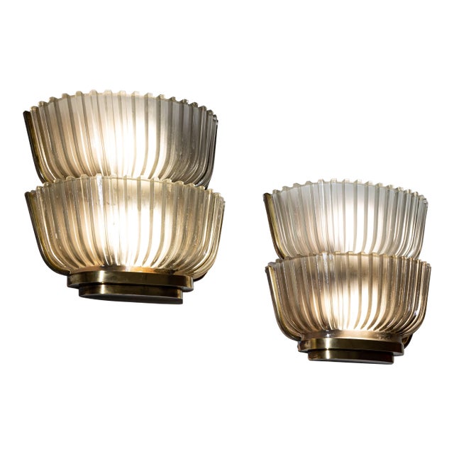 1940s Pair of Art Deco Glass Wall Lights, Attributed to Archimede Seguso, Italy For Sale