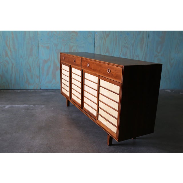 1950s Edward Wormley for Dunbar Janus Cabinet Walnut Copper 71" For Sale - Image 9 of 11