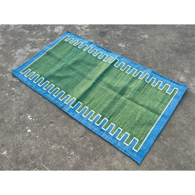Handmade Cotton Forest Green & Blue Zig Zag Striped Runner Rug, Dhurrie Runner -3'x10' For Sale - Image 9 of 10