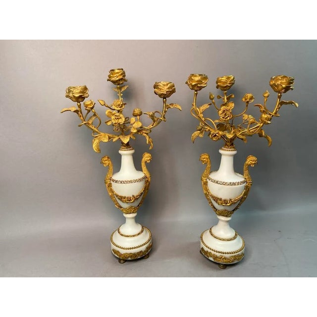 Metal 19th Century Pair of French Louis XVI White Marble and Bronze Candelabras For Sale - Image 7 of 12