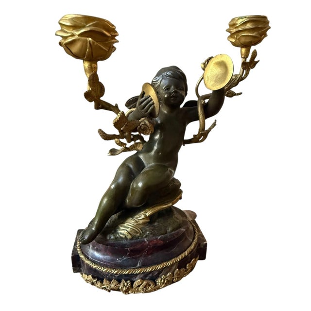 Fine French Neoclassical Bronze Dore Highlights. Marble Ormolu Cherubs Candleholders. Marble Footed. Titled Cherub Candelabra by L Bureau. For Sale - Image 12 of 12