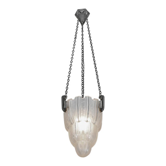 Marius Sabino French Art Deco Waterfall Pendant Light - 1930s in Frosted Glass & Nickeled Bronze For Sale