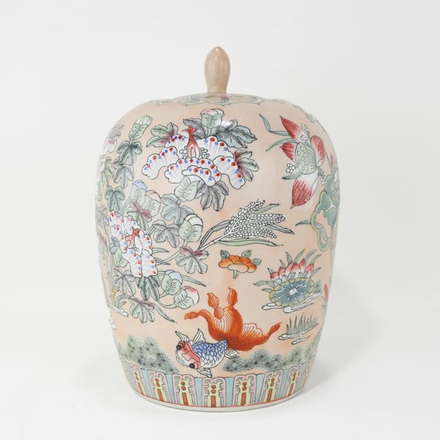 Mid 20th Century Vintage Hand-Painted Porcelain Ginger Jar With Mandarin Ducks and Floral Motif For Sale - Image 5 of 12