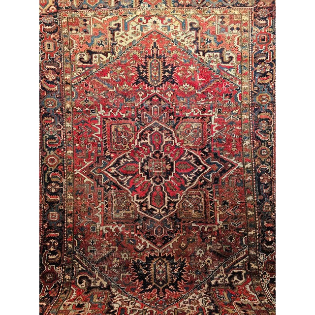 Vintage Persian Heriz Rug, Hand-Knotted Wool, Geometric Medallion Pattern, Red & Navy, 9x12 For Sale - Image 12 of 18