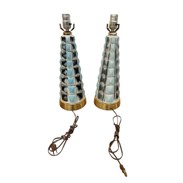 Pair Vintage MCM Ceramic Lamps Mid Century Modern Lighting Atomic Era 1950s For Sale - Image 4 of 5