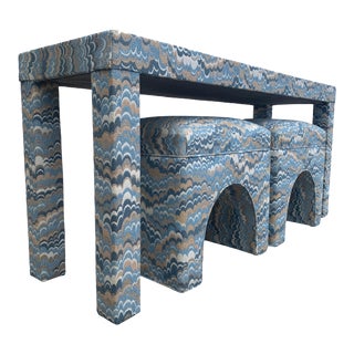 Vintage Upholstered Parsons Console Table and Stools For Sale