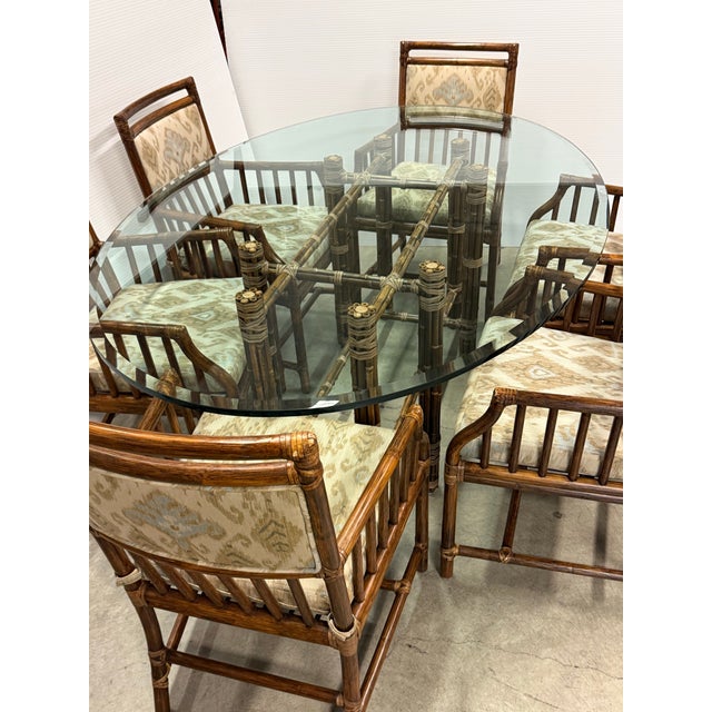 Late 20th Century McGuire Furniture Oval Glass Top Dining Table + Six Far East Collection Dining Armchairs, Vintage Set For Sale - Image 5 of 13
