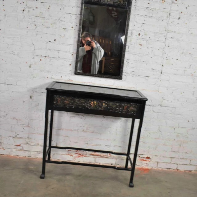 Early 20th Century Antique Lacquered Asian Console Table & Mirror with Hand Carved Lacquer Figures & Florals - a Pair For Sale - Image 4 of 13