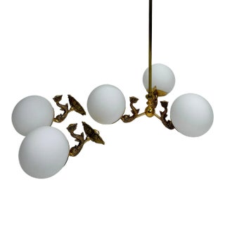 French Brass Dolphin / Dauphin Sconces and Chandelier With Glass Shades For Sale