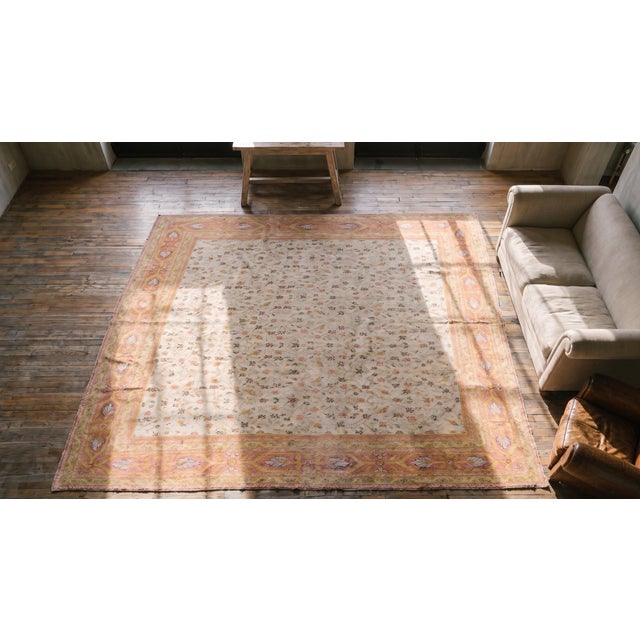 Textile Pretty Yellow Color and Pink Border Doubled Palmettes Floral Design Antique Indian Agra Rug For Sale - Image 7 of 8