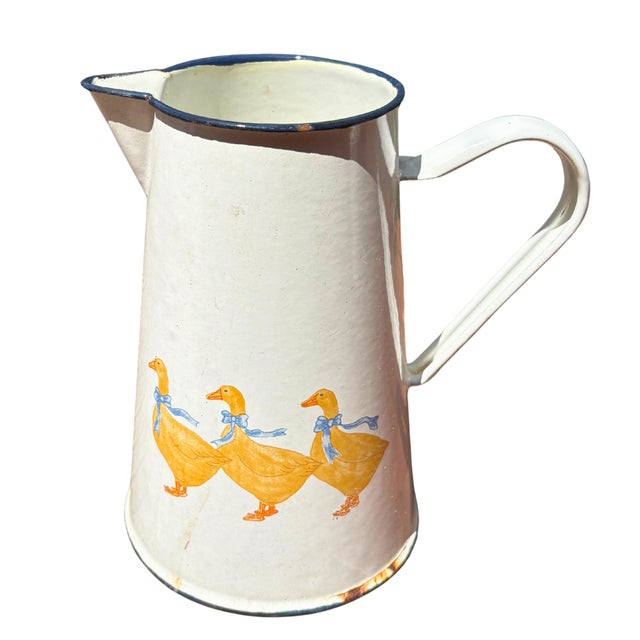 Large French Enamelware Pitcher and Milk Can with Geese Décor, 1950s, Set of 2 For Sale - Image 9 of 10