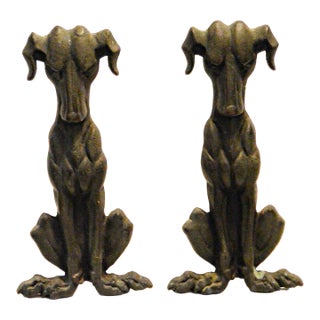 Art Deco Greyhound Cast Iron Andirons – Authentic 1930s Streamline Pair For Sale