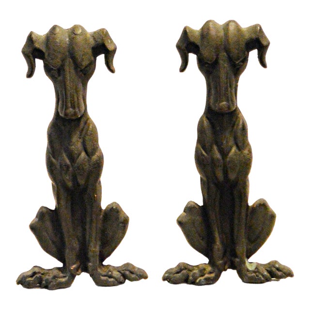 Art Deco Greyhound Cast Iron Andirons – Authentic 1930s Streamline Pair For Sale