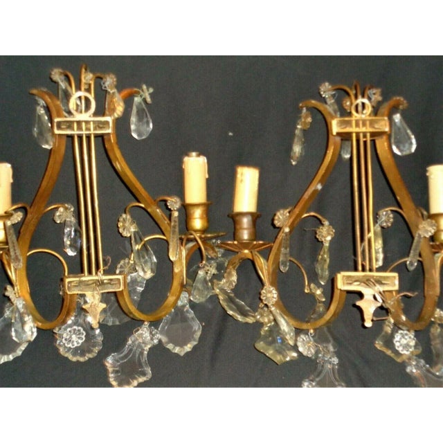 C1920 French Art Deco Bronze W/ Cut Crystal Lyre Back Wall Sconces For Sale - Image 9 of 13