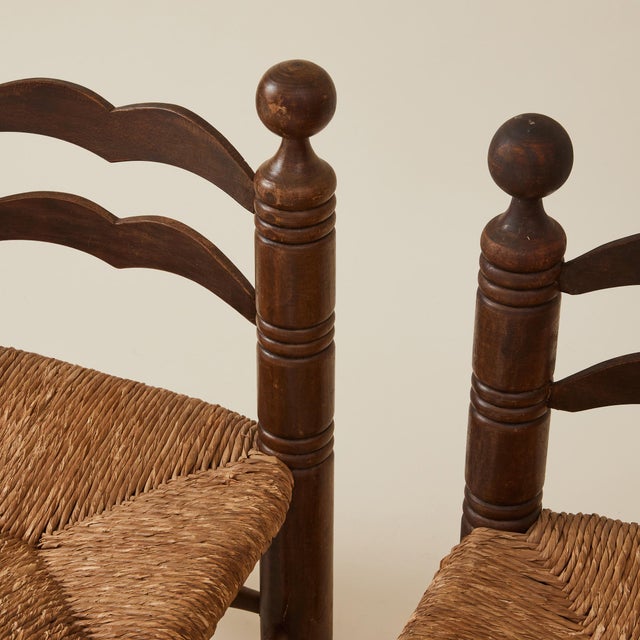 Wood 1960s Charles Dudouyt Brutalist Low Fireside Chairs, Oak and Rush, a Pair For Sale - Image 7 of 9