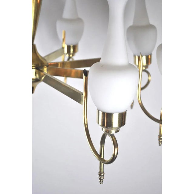 Mid-Century Brass and Opaline Glass Chandelier, 1950s For Sale - Image 12 of 15