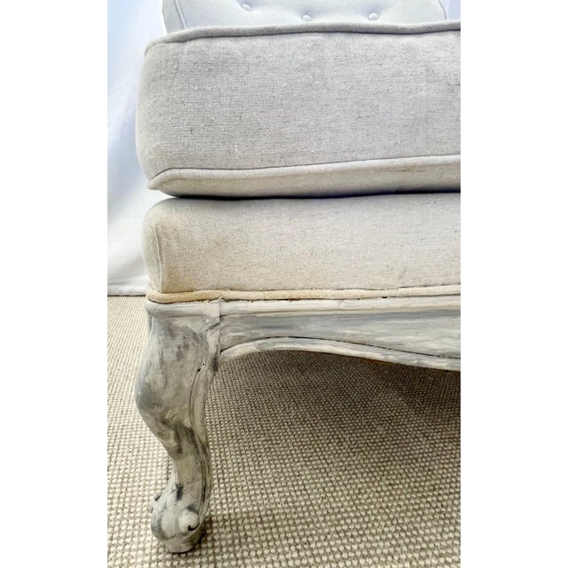 Pair Gustavian Style Slipper Chairs, Swedish Style Paint Decorated, Distressed, Linen For Sale - Image 9 of 11
