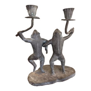 Whimsical Vintage Dancing Frog Candelabra With Dual Candle Holders, Likely Mid-20th Century Folk Art. For Sale