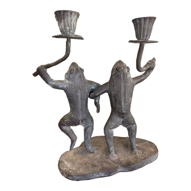 Whimsical Vintage Dancing Frog Candelabra With Dual Candle Holders, Likely Mid-20th Century Folk Art. For Sale
