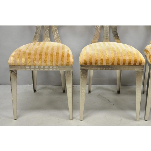 Vintage Postmodern Regency Style Brushed Steel Spade Back Dining Chairs Set of 4 For Sale - Image 4 of 18