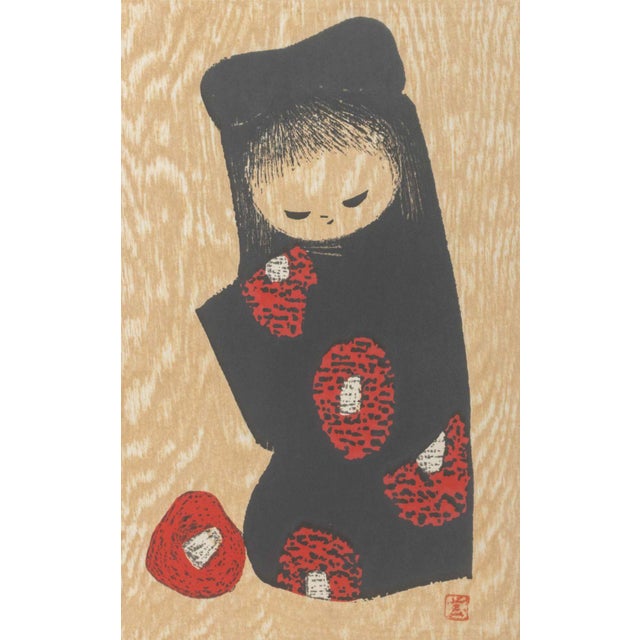 Kaoru Kawano (Japanese, 1916-1965), "Girl and Red Camellia", Woodcut Print in Colors, artist's chop seal mark lower right,...