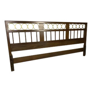 Mid 20th Century Vintage Baker Regency Style Walnut and Brass Ring King Size Headboard